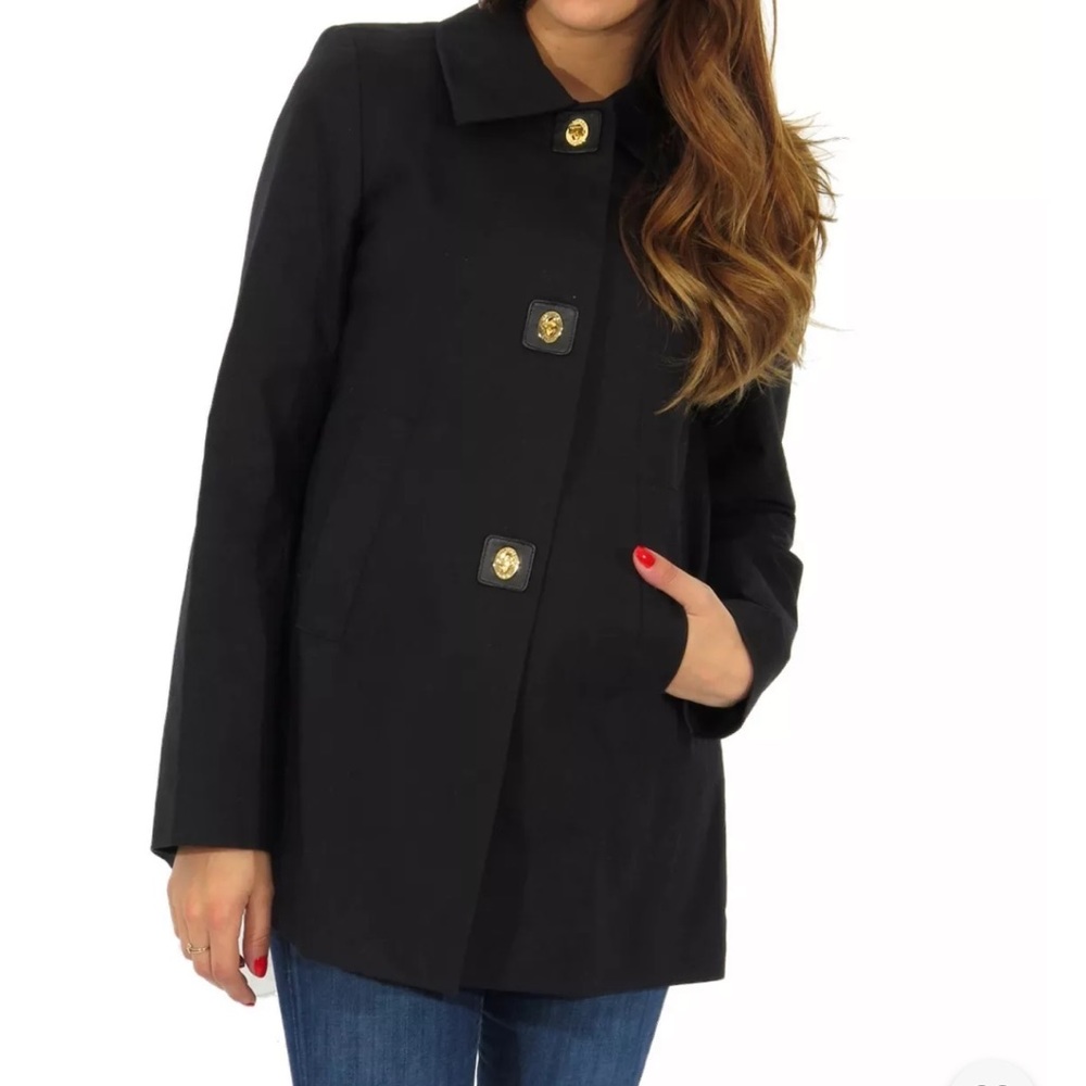Michael Kors black trench coat light jacket A-line gold twist buttons jacket